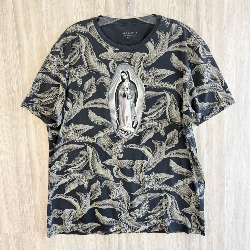 AllSaints Virgin Mary Graphic Tee Shirt Men Small Black Floral Faded Streetwear